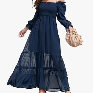 NWT OUGES Womens Blue Peasant Maxi Dress Size L
